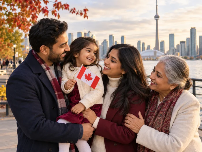 Three generations enjoying a reunion beside Toronto’s waterfront