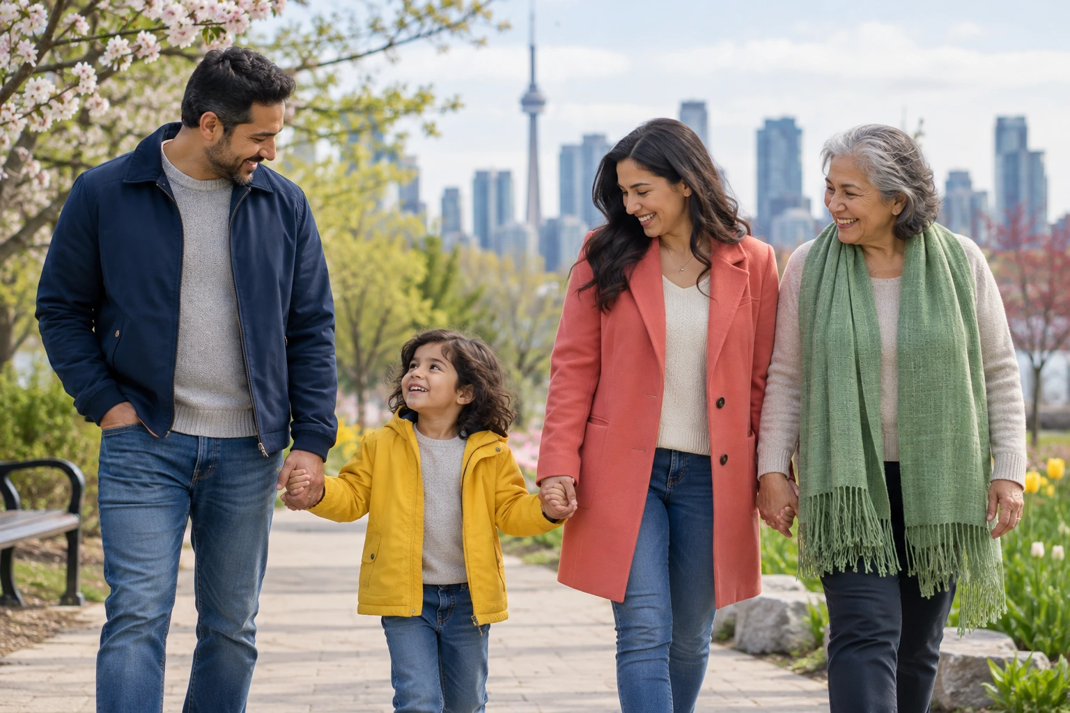 A multigenerational family walking through a Toronto neighbourhood park