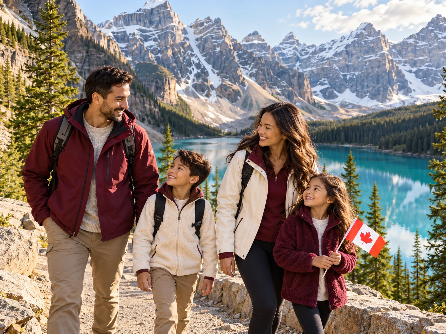 A family enjoying a new chapter together at Moraine Lake in the Canadian Rockies
