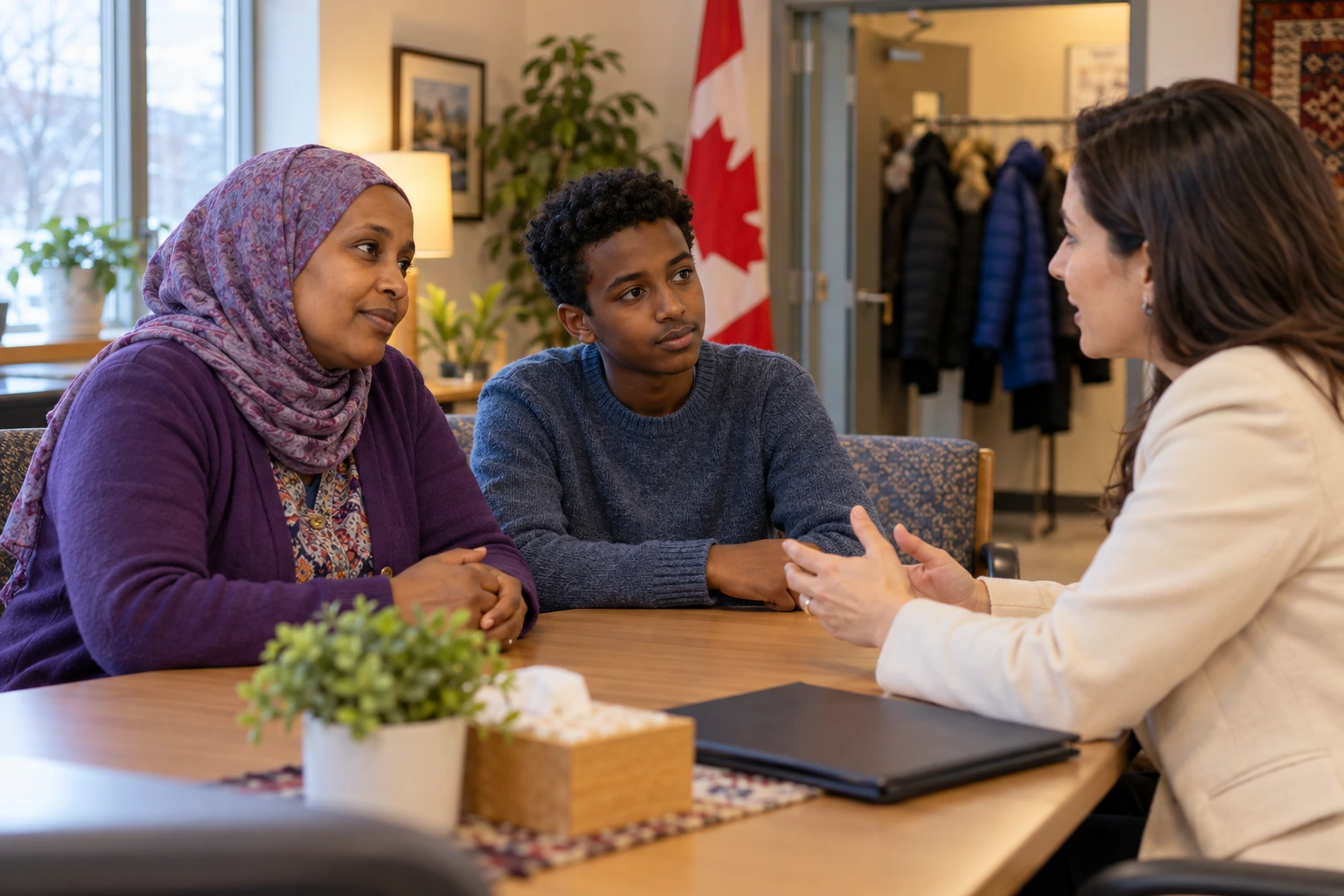 A mother and teenage son in a respectful private protection consultation