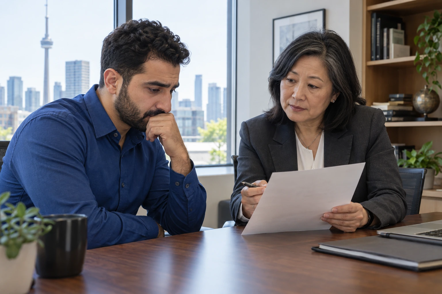 A client in a blue shirt discussing a letter with an adviser in Toronto