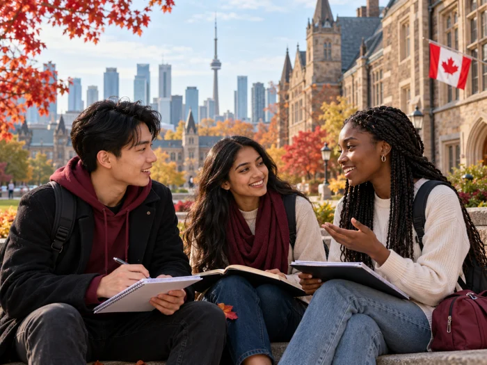 International students sharing ideas on a Canadian campus