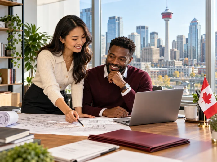 Two professionals reviewing documents in a Calgary office